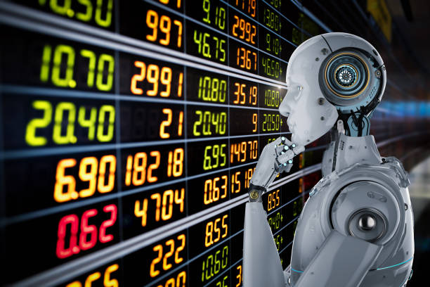 robot analyze stock 3d rendering humanoid robot analyze stock market ai stock stock pictures, royalty-free photos & images